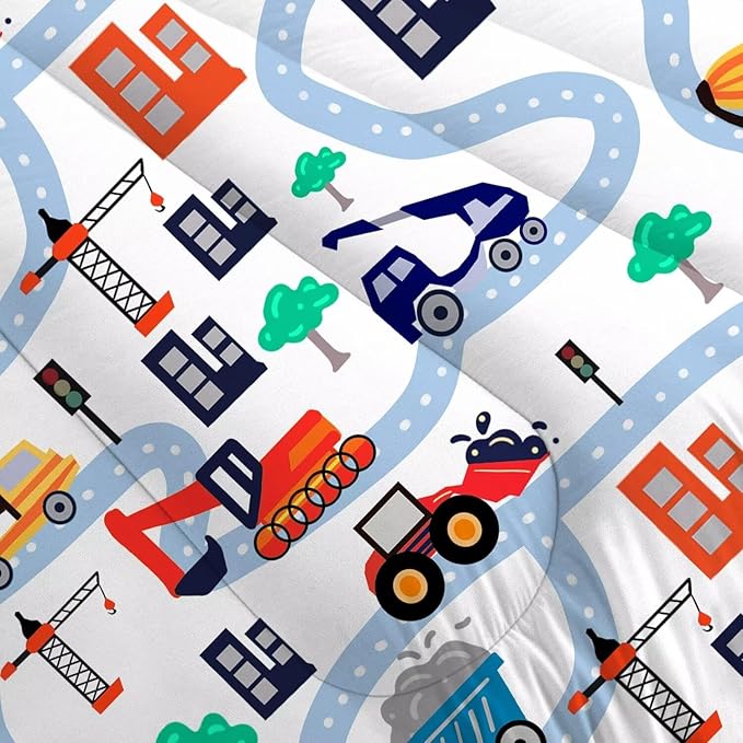 Cars Comforter Set Queen: Cartoon Truck Bedding for Boys Kids Teen Men Bedroom Construction White Dorm Quilt 1 Comforter + 2 Pillow Cases