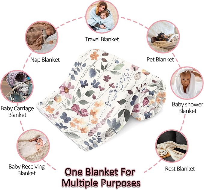 Ship Next Day, Personalized Baby Blanket for Girls, Custom Baby Girl Blanket with Name Retro Flowers, Newborn Receiving Swaddle Blankets, Customized Babies Shower Christmas Birthday Gifts