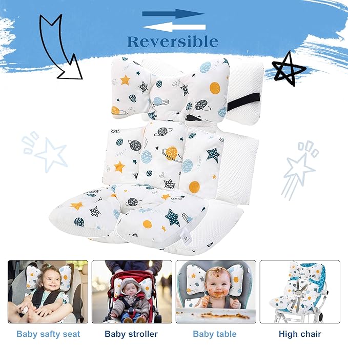 Baby Seat Pad Liner for Stroller–Soft and Breathable，3D Air Mesh Cotton Universal Baby Stroller Cushion (Planet White)