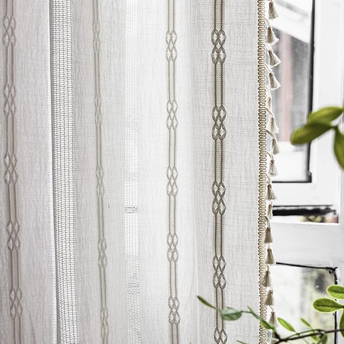 Deeprove Boho Curtain 84 Inches Long, Cotton Linen Nordic Scandinavian Style White Stripes Embroidery Shabby Chic Hollow Geometric, Semi Blackout Window Vintage Drape Tassels, 1 Panel W52 x L84