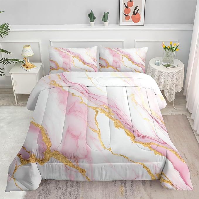 Comforter Set Pink Marble: King Size Bedding Sets for Women Girls Teens Bedroom Luxury Pink Gold Glitter Abstract Marbling Pastel Bed Set 1 Comforter & 2 Pillowcases