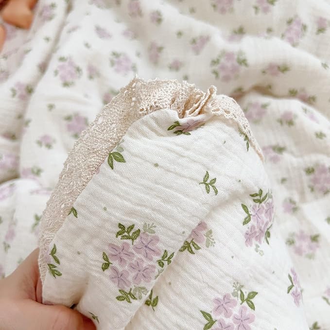 BuLuTu Purple Flower Baby Quilts for Kids Muslin Comforter Large Thin Summer Quilt for Crib/Cradle/Cot, Floral Muslin Toddler Blanket Purple Perilla Pattern, 60x78 Inch