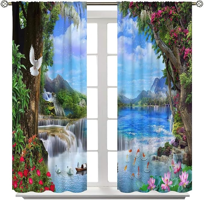 Spring Jungle Waterfall Blackout Window Curtains, Tropical Rainforest Floral Tree Waterfall Landscape Print Window Drapes, for Living Room Bedroom 55x63in 2 Panels