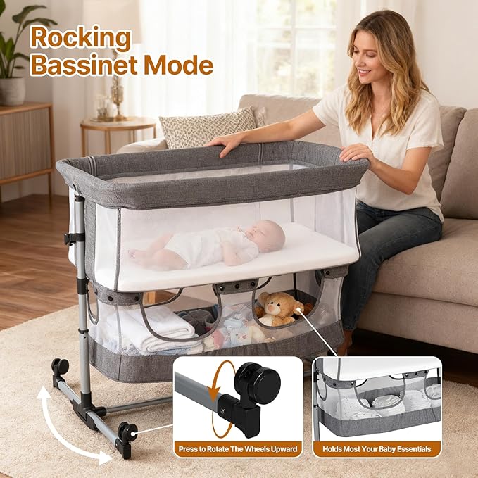 Bassinet Bedside Sleeper, 3-in-1 Baby Bedside Bassinet, 5 Height Adjustable Rocking Baby Crib, Breathable Full Mesh, Mosquito Net, Storage Basket, Stable and Secure Bassinets for Newborn Infant