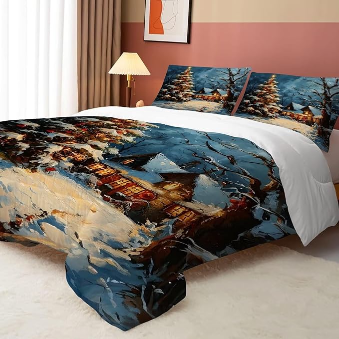 Christmas Comforter Set Twin: Winter Scenery Christmas Tree Bedding for Kids Girls Bedroom Festival Quilt 1 Comforter & 1 Pillowcase
