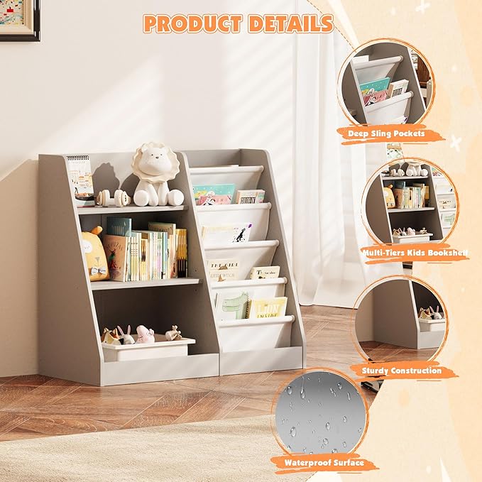 NACHES 3 Tier Kid Bookshelf Wooden 4 Sling Children Bookcase Toddler Montessori Bookcase Book Rack Display Toy Storage Organizer Book Display Shelf Stand Classroom Bedroom Nursery Playroom (Grey)
