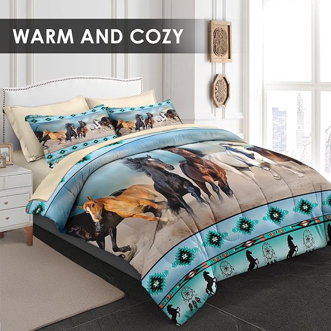 5 Pcs Twin Size Comforter Set with Pillowcase & Sham, Horses Western Bedding for Kids and Adults, Tribal Sunset Run Bed in a Bag with Flat Fitted Sheet