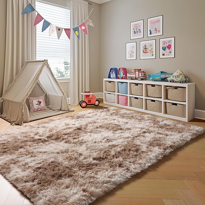 ONASAR Rugs for Living Room Bedroom, Tie-Dyed Beige 5x8 Washable Fluffy Bedside Area Rug, Soft Plush Shaggy Indoor Floor Carpet for Nursery Kids Girls Boys Teen Dorm Home Office Decor Aesthetic