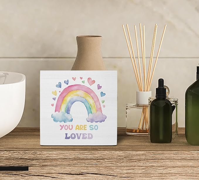 Ku-Dayi Boho Rainbow Wooden Box Sign, Inspirational Wood Box Decorative Accessories for Girls Kids Nursery Bedroom Room Playroom, You Are So Loved Wooden Block Plaque Desk Shelf Decor 5x5 Inch