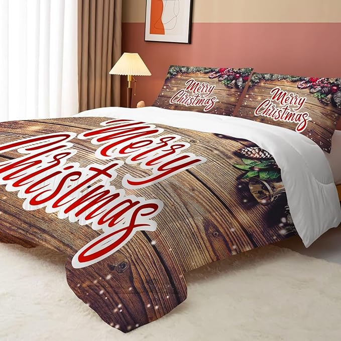 Christmas Comforter Set Twin: Christmas Bedding Sets for Kids Bedroom Wood Grain Xmas Gift Girls Women Teens Quilt Set 1 Comforter & 1 Pillowcase