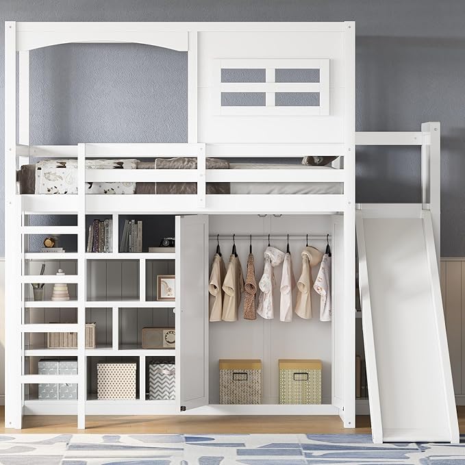 Playhouse Style Loft Bed Twin Size with Slide and Ladder, Solid Wood Loft Bed Frame with Wardrobe and Storage Shelves for Kids Teens, Maximize Space