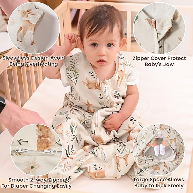 PHF Soft Baby Sleep Sack 18-24 Months 100% Organic Cotton Wearable Blanket, 2-Way Zipper 0.5 TOG Toddler Sleeping Sack 3 Pack, Comfy Sleep Bag for Baby Boys Girls, Woodland (X-Large)