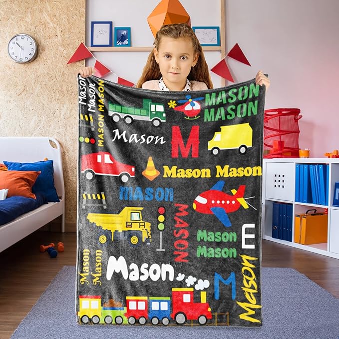 Personalized Blanket with Name for Boys, City Car Transport Custom Name Blanket, Soft Flannel Toddler Blankets Customized Gift for Newborn Baby Shower Birthday-30 x40