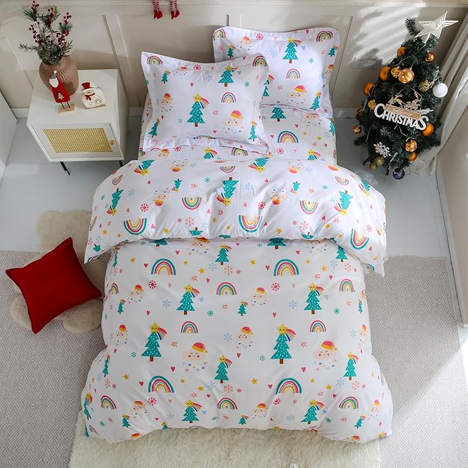 JSD Christmas Kids Duvet Cover Set Full Size, 3 Piece Rainbow Tree Microfiber Comforter Cover with Pillow Shams Zipper Closure, Comforter Not Included