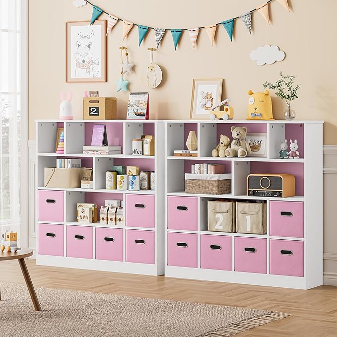 IRONCK Toy Storage Organizer with 6 Bins, Wooden 4-Tier Floor Standing Open Bookshelf Storage Cubby, 12-Cube Storage Shelf Bookcase, Kids Bookshelf and Toy Storage, Pink