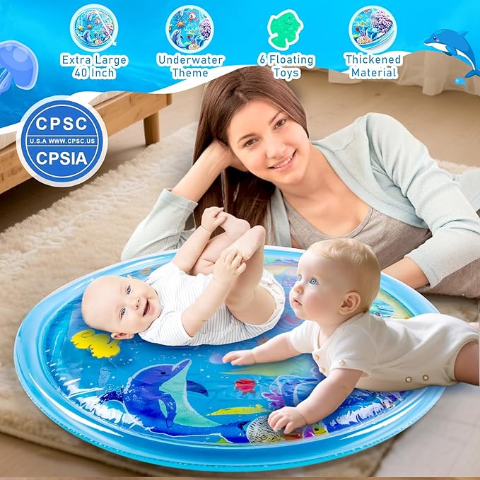 40''*40'' Tummy Time Water Mat for Babies, Extra Large Baby Water Mat for Sensory Development, Inflatable Water Play Mat Toys for Babies Toddlers 3 6 9 12 Months