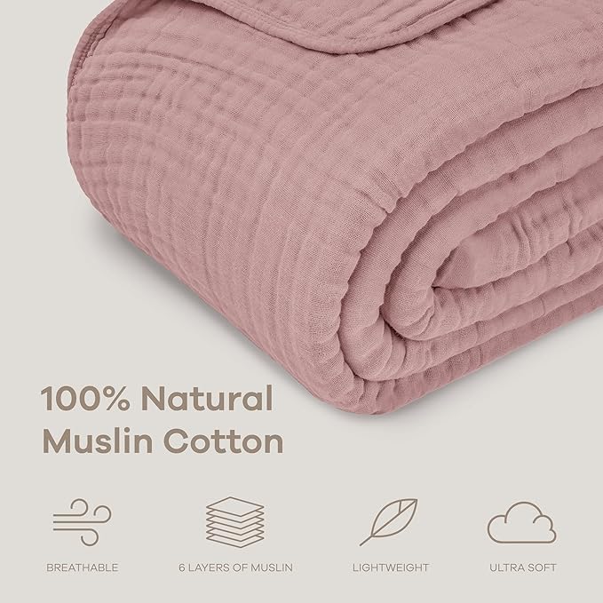 Comfy Cubs Muslin Blanket for Adults Twin 90" x 66" - 6 Layer Soft, Breathable & Lightweight Muslin Adult Blanket - Machine Washable & Designed in The US Bedding for All Seasons - Mauve