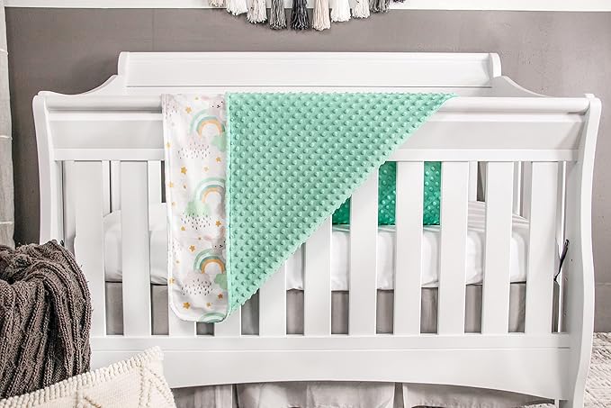 Top Tots Deluxe Minky Baby Blanket - Rabbits on Rainbows, 40 x 29 Inch Mint