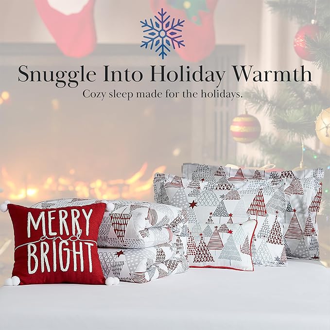 Southshore Fine Living, Inc. 6-Piece Christmas Comforter Set Queen, Reversible Christmas Bedding, Winter Comforter Queen/Full, 3 Throw Pillows, 2 Shams, Holiday Bedding, Red & Grey, Merry & Bright