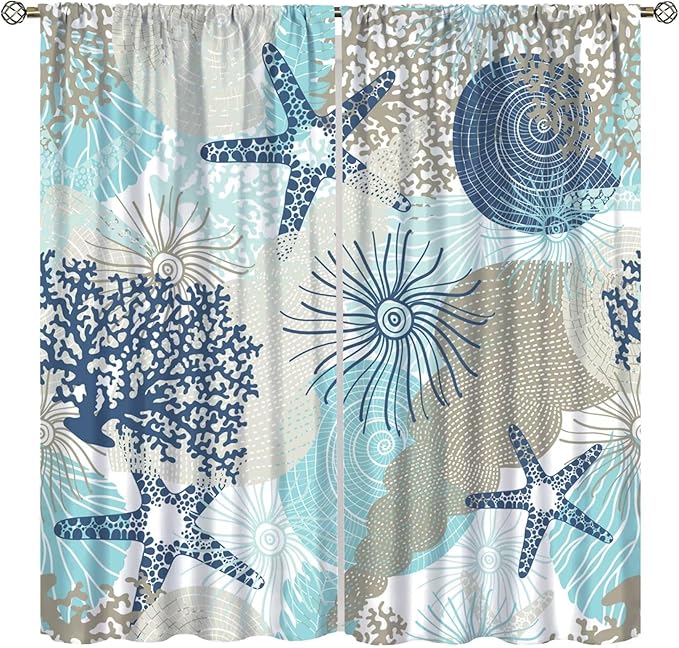 Coastal Curtains Ocean Beach Themed Room Darkening Window Curtain Nautical Coral Blackout Curtain for Bedroom Living Room Bathroom Nursery Set 2 Panels,63x63 Inches