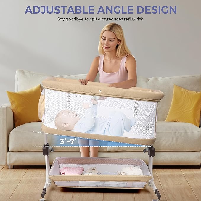 Baby Bassinet Bedside Sleeper, Upgraded Stability Bedside Crib with Full Mesh Sides, Soft Sheet, 6-Height Adjustment, Storage Basket, Easy Folding Portable Bassinet for Newborns, Oatmeal