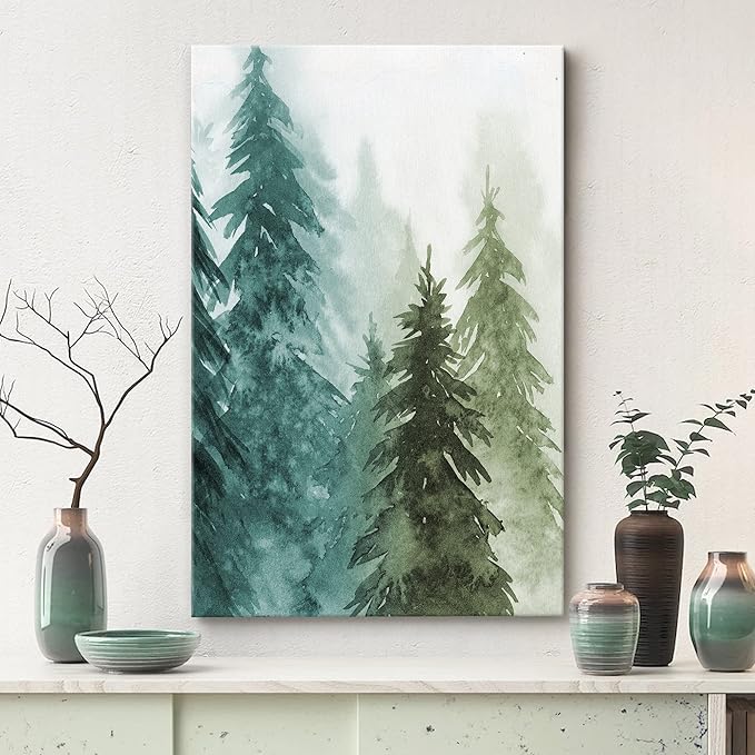 SIGNWIN Canvas Print Wall Art Woodland Nursery Decor Green & Teal Watercolor Forest Pine Trees Floral Nature Illustrations Modern Chic Dramatic Multicolor for Living Room, Bedroom, Office - 16"x24"