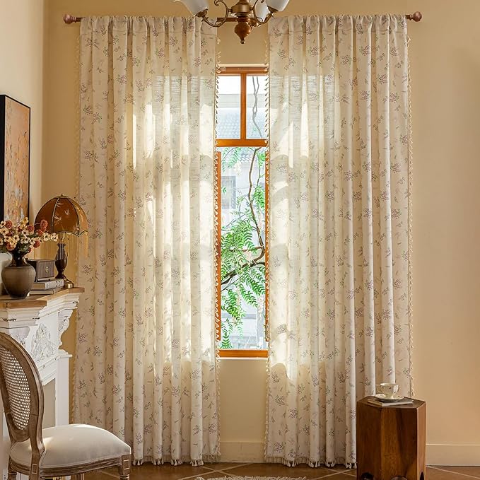 ENJOYBRIDAL Purple Floral 84 Inch Curtains for Living Room Decor Drapes Semi Sheer Bedroom Rod Pocket Tassel Window Curtains 2 Panels Aesthetic Farmhouse Cute Boho Window Treatments