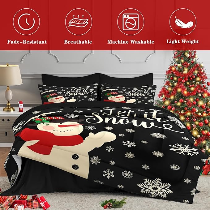 7 Pcs Queen Size Christmas Comforter Set with 2 Pillowcases & 2 Shams, Black Cartoon Snowman Bedding for Kids and Adults, Retro Snow Scene Bed in a Bag with Flat Fitted Sheet