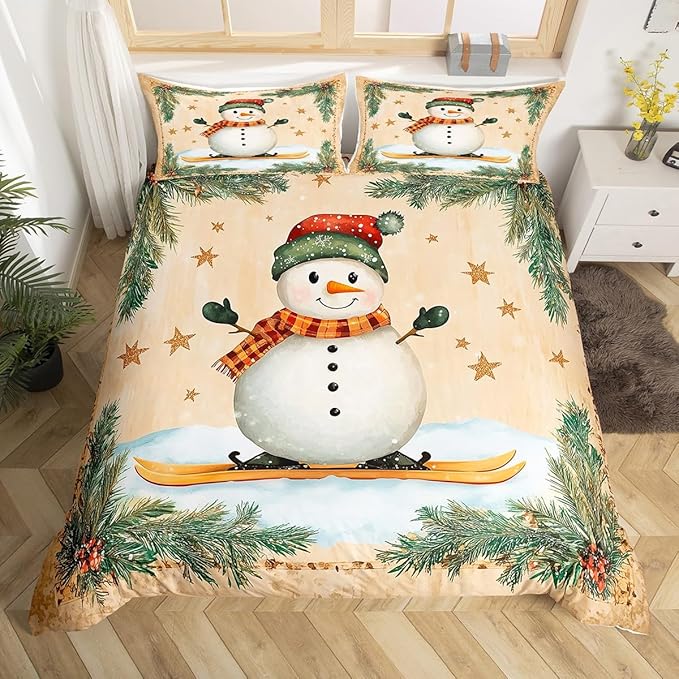 Manfei Christmas Kids Duvet Cover Set Queen Size, Cute Snowman Bedding Set for Boy Girl Room Decor, New Year Holly Leaf Print Comforter Cover, Lightweight Bedspread Cover, 2 Pillowcases, No Comforter