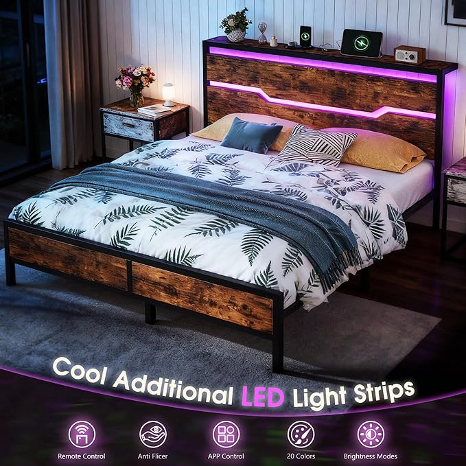 Full Size Bed Frame with LED Lights & Charging Station, Bed Frame Full with Headboard,13" Under Bed Storage, Noise-Free Heavy Duty Metal Support, Modern Brown