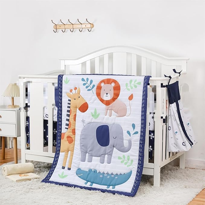 Elephant Crib Bedding Set for Boys, 5 Pieces Nursery Set Including Quilt/Fitted Sheet/Crib Skirt/Diaper Bag/Blanket, Grey/White