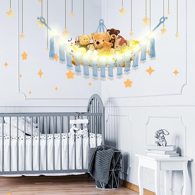 Stuffed Animal Hammock with LED Light, Large Stuffed Animals Storage Corner Plushie Net for Kids Room Decor, Jumbo Baby Blue