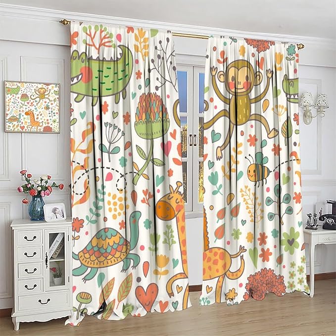 Cute Monkeys Curtains, Zoo Theme Cartoon Funny Animals Crocodile Giraffe Turtle with Flowers Print Thermal Insulation Window Drapes for Kids Boys Girls Baby Bedroom Living Room 63x63in