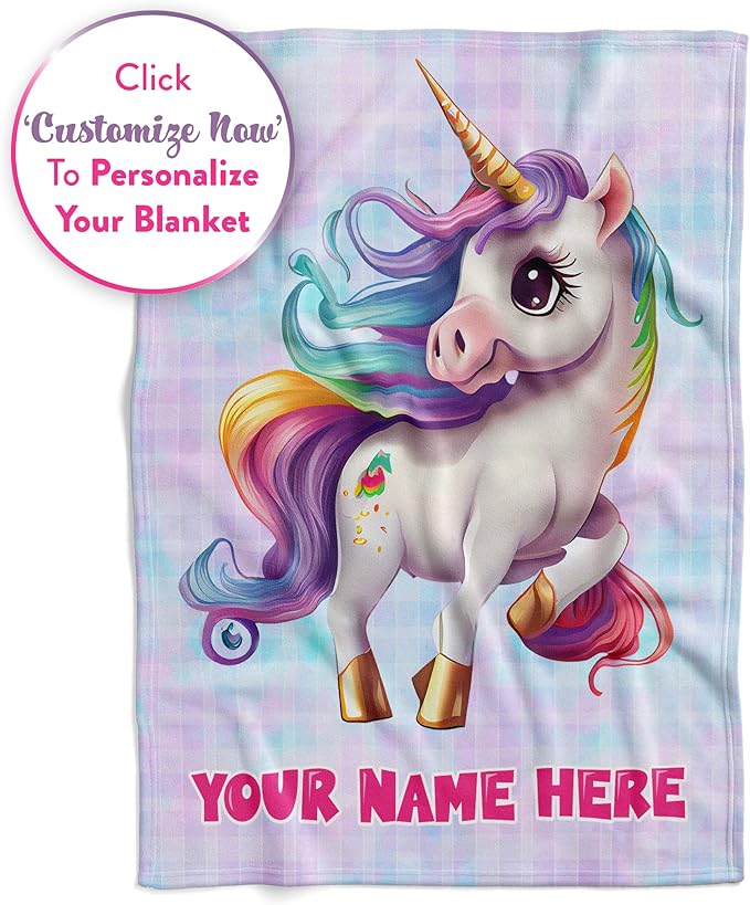 Personalized Baby Unicorn Throw Blanket for Girls with Custom Name, Prancing Pony with Rainbow Mane and Tail, Cute Nursery Room Decor, Soft Plush Toddler Bedding for Babies, (Sherpa 60x80)