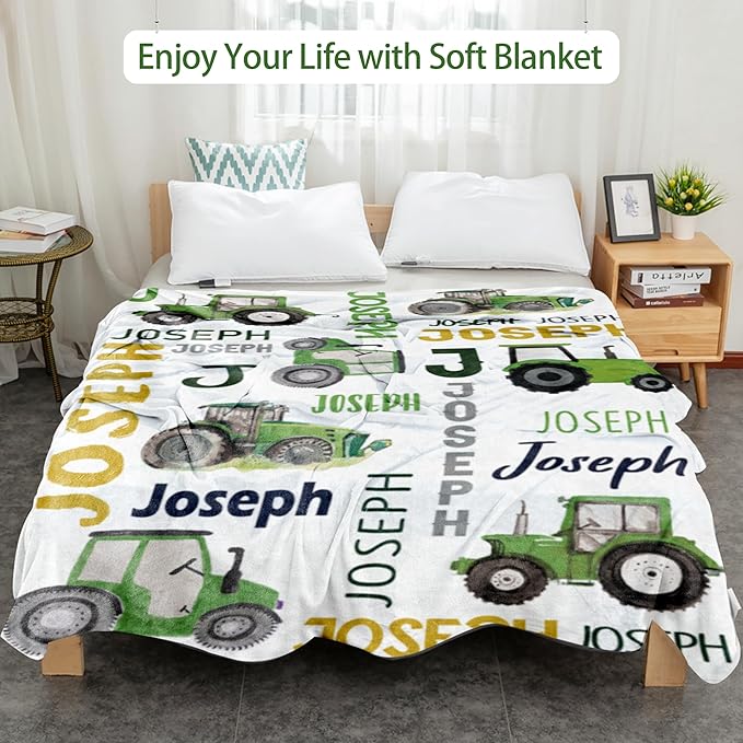Personalized Tractor Truck Blanket for Boys Girls with Name, Custom Name Blanket Construction Trucks Car, Soft Flannel Teen Blankets Customized Gift for Birthday Christmas-50x60in