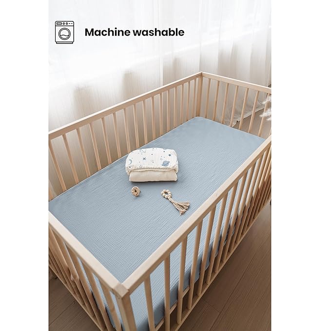 Konssy Muslin Crib Sheets for Boys, Soft Cotton Neutral Baby Sheets for Standard Crib Mattress 2 Pack, 52"x28" (Star,Blue)