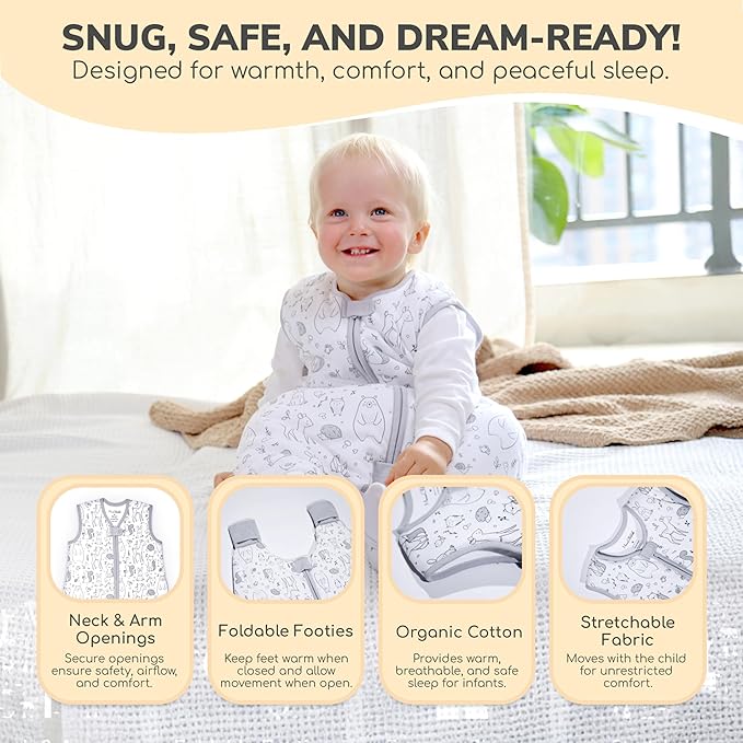 Mama Cheetah Toddler Sleep Sack with Feet, 1.0 TOG Organic Cotton Baby Wearable Blankets with Legs, Baby Sleeping Bag for Walkers, Early Walker 6-18 Month