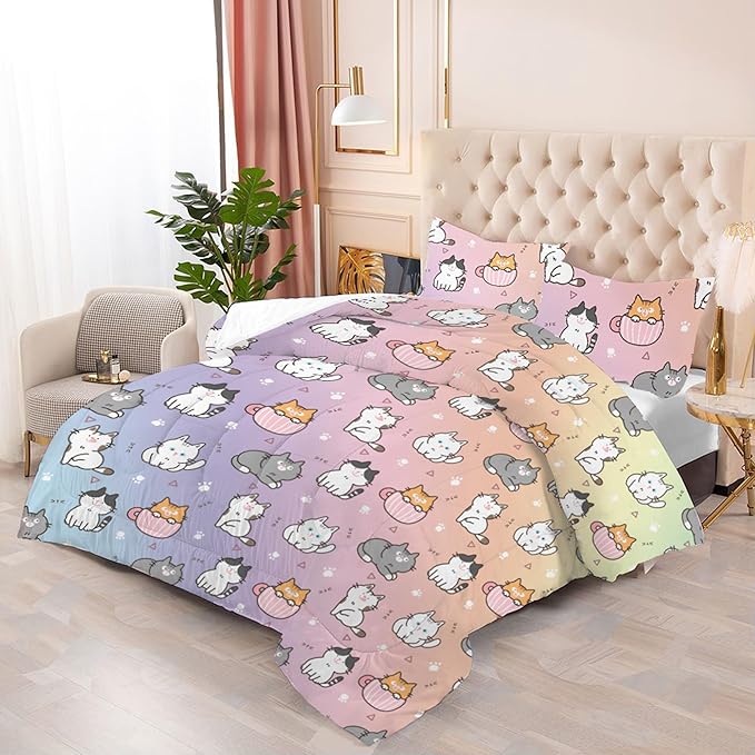 Cat Comforter Set King: Cute Cats Bedding Sets Cartoon Pet Kitten Quilts for Women Teen Girls Adult Rainbow Kawaii Kitty 3 Piece Bed Set 1 Comforter & 2 Pillowcases