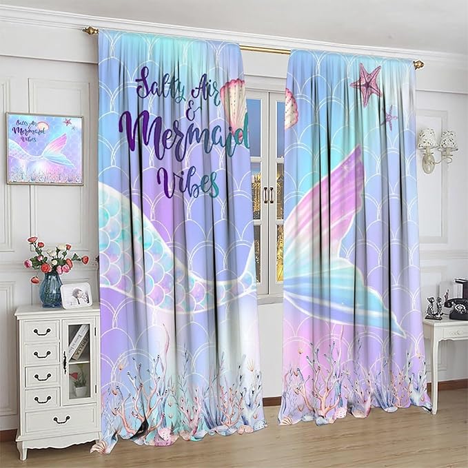 Fantasy Mermaid Curtain Colorful Rainbow Fish Tail Ocean Theme Beautiful Kids Window Treatment for Girls Bedroom Nursery Room Decor Rod Pocket Window Drapes 84x84in