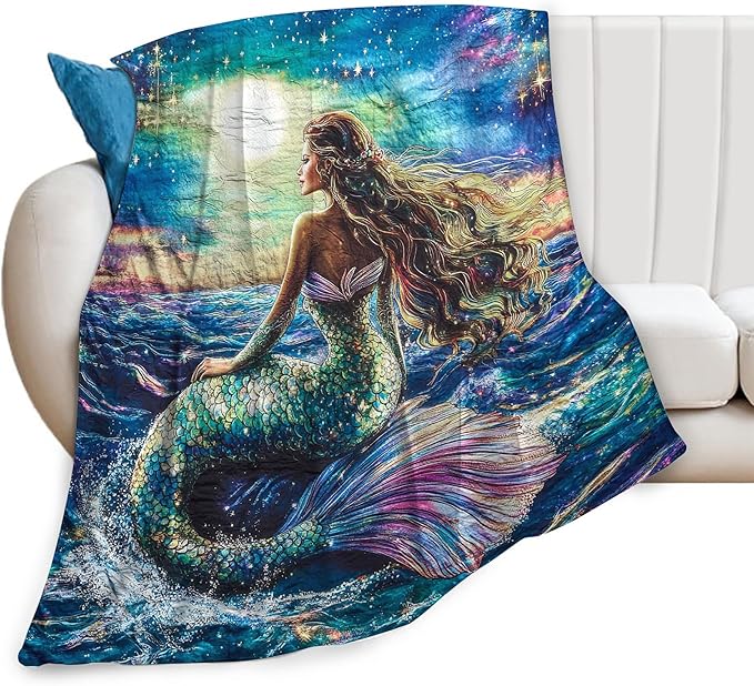 Mermaid Blanket Navy Mermaids Gifts for Girls Boys Woman Kids Ocean Mermaid Lover Coastal Throw Blankets Soft Blanket Warm Fleece Flannel Plush Blankets for Bed Sofa Couch 60"x80"