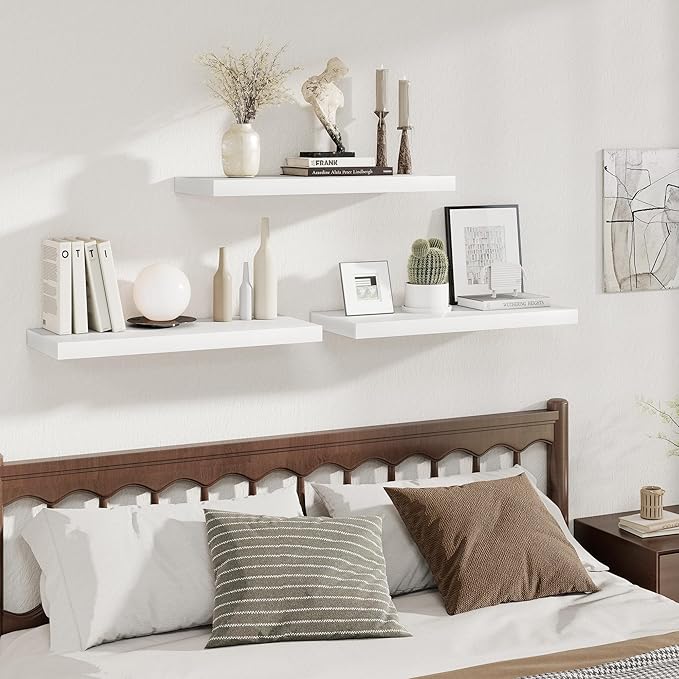 Fun Memories Deep Floating Shelves, 32W x 12D White Wall Shelves, 32 Long Rustic Wood Wide Storage Shelves for Bedroom, Kitchen, Farmhouse, Laundry Room, Bedroom, Kitchen, Home Office- Set of 3