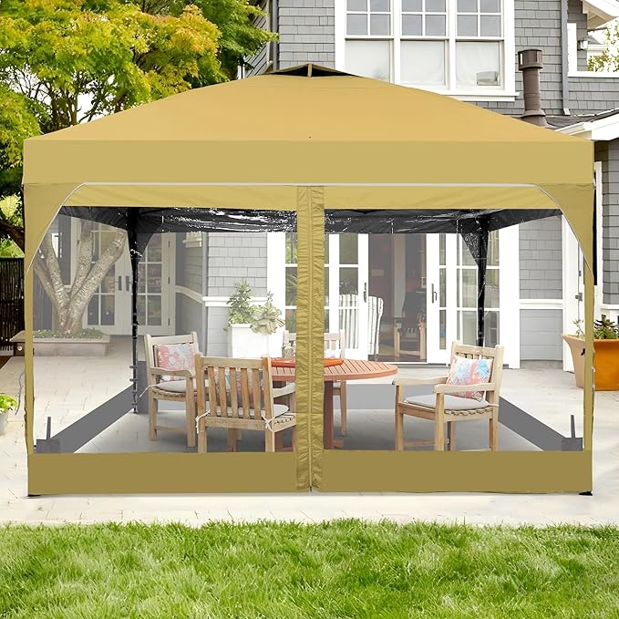GDY 12x12FT Pop Up Canopy Tent with One Push Setup, Easy Setup Gazebo with 4 PVC Transparent Sidewalls for Events, Parties, Camping, Khaki