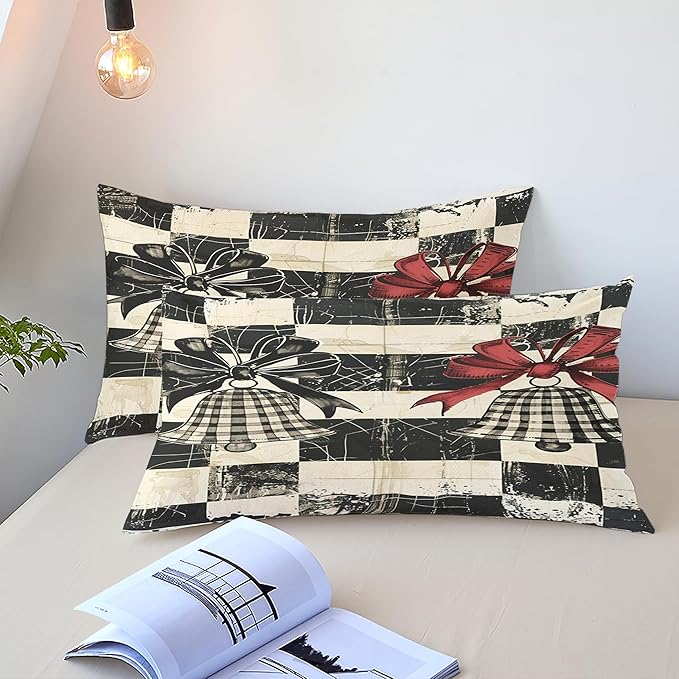 Christmas Duvet Cover Queen Size Retro Christmas Bell Gingham Bedding Set 3 Pcs Kids Boys Girls Xmas Happy Holiday Checked Pattern Comforter Cover with Zipper Closure (No Comforter)