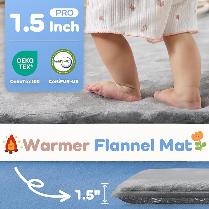 1.5" Thick Baby Play Mat for Floor, 50x50 Playpen Mat, Pro Soft Flannel Foam Mats Toddler Infant Kids Crawling for Nursery Rug Playroom Living Room Waterproof Easy Care Non-Slip (Dark Grey)