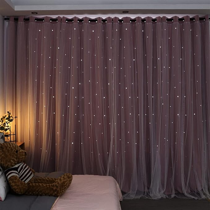 Kinryb Princess Curtains for Girls Bedroom with Sheer Overlay,Double Layer Curtain for Living Room with Star Cutout, Curtains for Kids Room (70 W*63 L Inches,2 Pcs Pink)