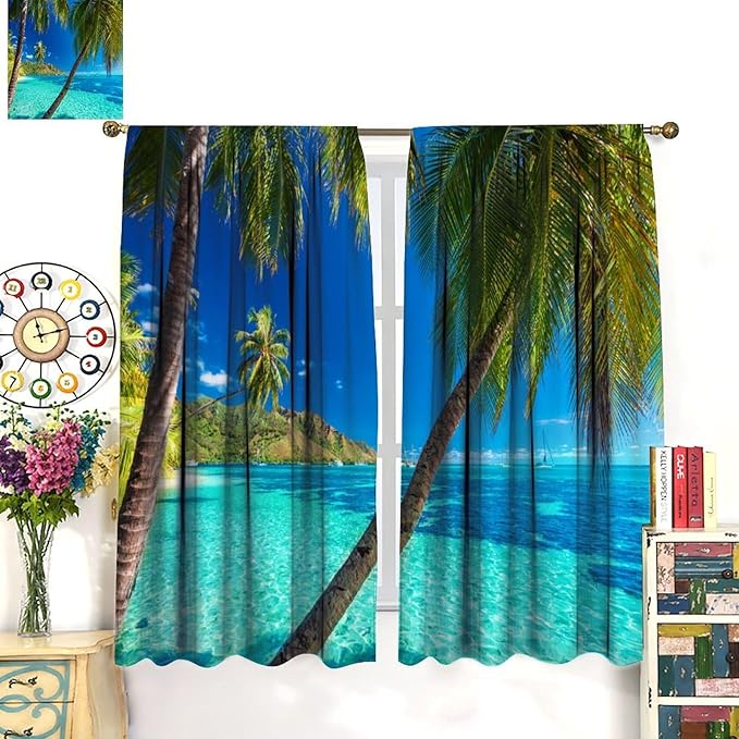 Ocean Beach Curtains,Sunshine and Beach Hawaiian Seaside Scene Pattern Blackout Print Home Bedroom Living Room Window Treatments 2 Panel Set 63x72 Inch