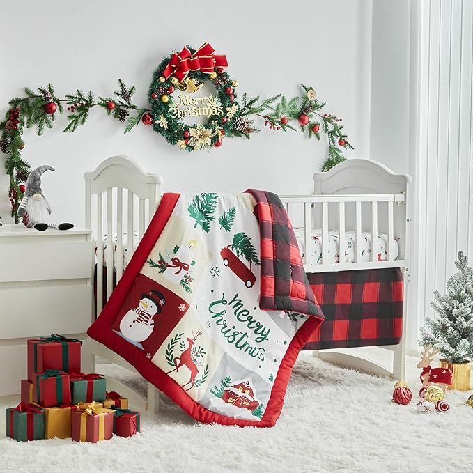 Christmas Red Crib Bedding Set 3 Pieces New Year Style Quilted Plaid Comforter with Fitted Sheet and Bed Skirt - Cute Snowman House Deer Red Gray Design Baby Crib Bed Set