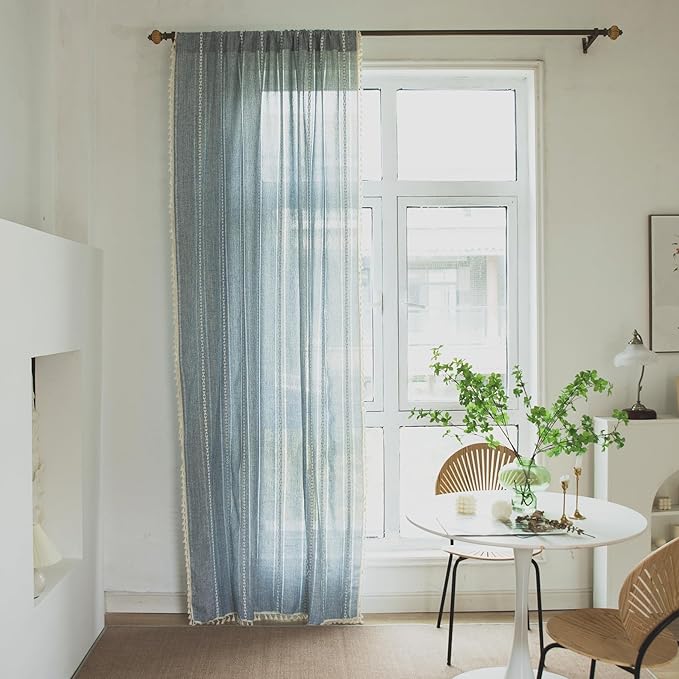 Deeprove Blue Boho Curtains 84 Inches Long for Bedroom Living Room Kitchen, Bohemian Chic Textured Embroidery, Vintage Handmade Tassels Farmhouse Decor Drapery, Rod Pocket, 1 Panel W52 x L84