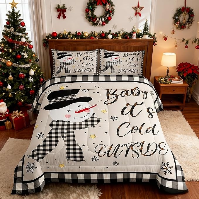 Kids Christmas Snowman Comforter Set Queen Size,Snowflake Winter Bedding,Girls Boys Adults Bedroom/Xmas Cabin Decor,Geometric Grids Lattice Down Comforter,Rustic Vintage Duvet Insert,2 Pillowcases