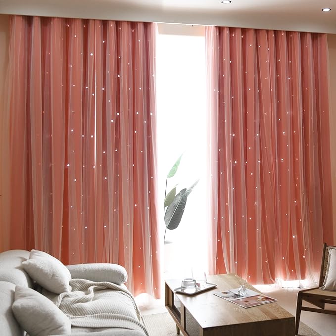 Kinryb Princess Curtains for Girls Bedroom with Sheer Overlay,Double Layer Curtain for Living Room with Star Cutout, Curtains for Kids Room (70 W*95 L Inches,2 Pcs Coral)